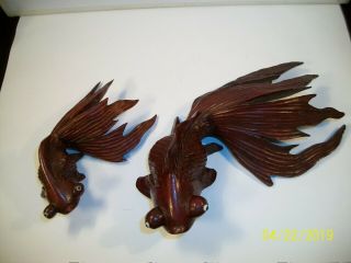 Vtg: 1900s - 1930s (2) Hand Carved Rosewood Wood " Koi Fish " 6 1/2 " L & 4 " L