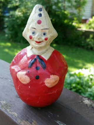 Antique Roly - Poly Celluloid Clown Doll Toy Red/white Vintage 4 - 1/2 " Small