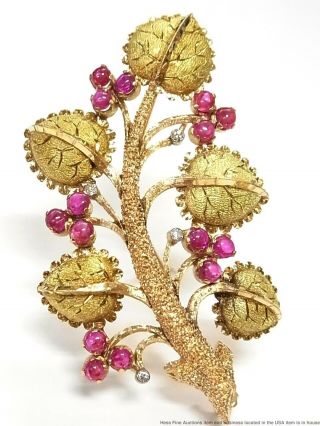 18k Rose Green Gold Natural Ruby Diamond Antique Pin Tree Of Life Brooch 30.  4gr