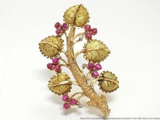 18k Rose Green Gold Natural Ruby Diamond Antique Pin Tree of Life Brooch 30.  4gr 2