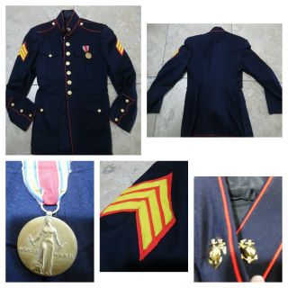 Vtg Wwii Usmc Dress Blue Uniform Jacket W/medal & Insignia Wool Navy Red Gold Sm