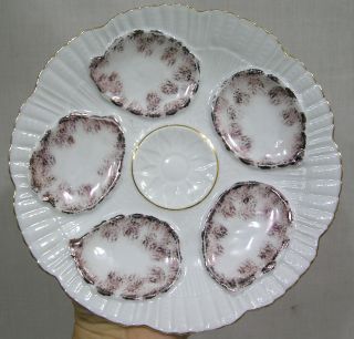 Vtg Set Four Porcelain Oyster Plates Purple Lustre And Gold Edge