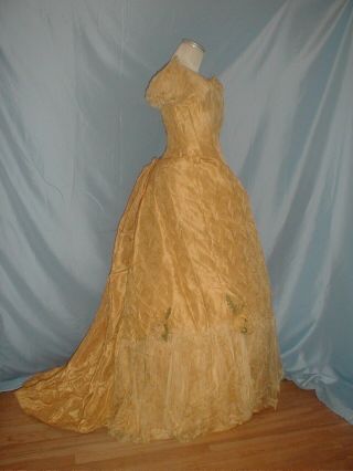 Antique Dress 1880 Yellow Brocade Bustle Ball Gown Paris Label