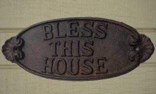 Cast Iron Bless This House Sign Welcome Wall Plaque Rustic Front Door Decor