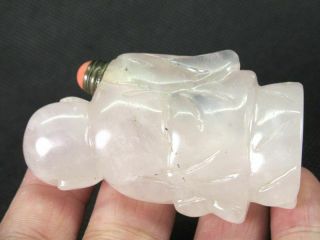 Chinese Boy Fhih Shape Carved Natural Pink Quartz Crystal Snuff Bottle 5