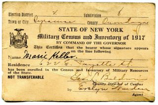 1917 State Of Ny Military Census & Inventory Card Marie Keller Syracuse Ny
