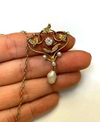 Lovely 14k Yellow Gold Art Nouveau Diamond And River Seed Pearl Lavalier Pendant