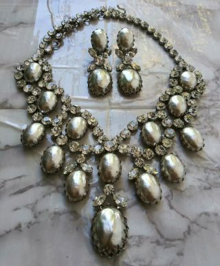 Signed Schreiner Ny Baroque Pearl & Ice Rhinestone Necklace Dangle Earring Set