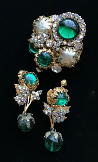 Vtg Miriam Haskell Set Of Brooch & Clip On Earrings Green Glass Ab Signed M078