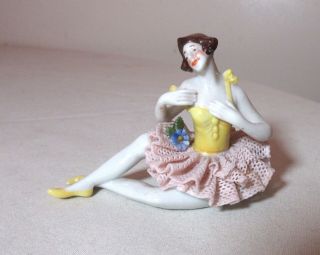 Miniature Antique Handmade Painted Dresden Porcelain Ballerina Statue Figurine