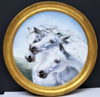Antique Victorian T&V Limoges HP Portrait Charger Wall Plaque w 3 White Horses 2