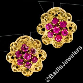 Vintage 18k Yellow Gold 1.  82ctw Ruby Cluster Detailed Open Flower Omega Earrings