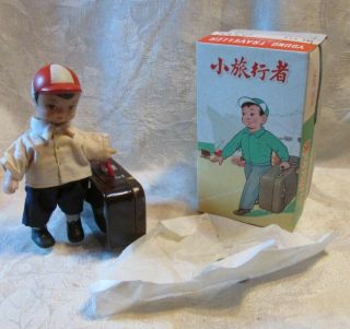 Young Traveler Clockwork Wind - Up Tin Toy - Young Boy With Suitcase Ms 823