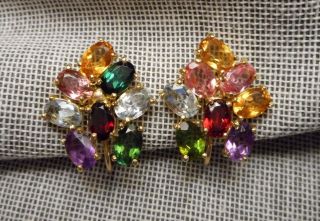 Vintage 14k Gold & Multicolored Semi - Precious Stone Leaf Motif Clip Earrings