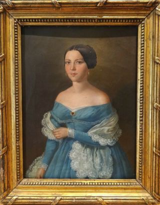 Fine 19th Century English Portrait Of A Lady Blue Dress Antique Oil Painting