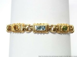 Heavy 14k Gold Natural Gemstone Bracelet Vintage Etruscan Revival Statement 16gr