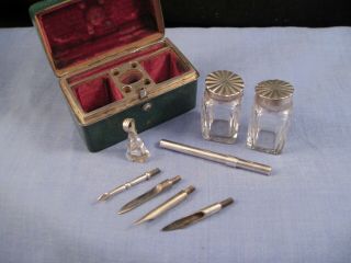 GEORGIAN SILVER SHAGREEN TRAVELLING INKWELL DIP PEN SEAL PENNER WRITING SET 4