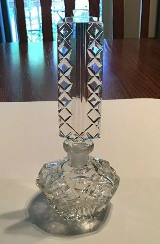 Vintage 1920’s Art Deco Czech Cut Glass Perfume Bottle With Tall Stopper Marked