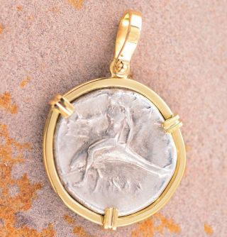 Ancient Greek Boy On Dolphin Coin In Solid 18kt Gold Pendant 280 B.  C.