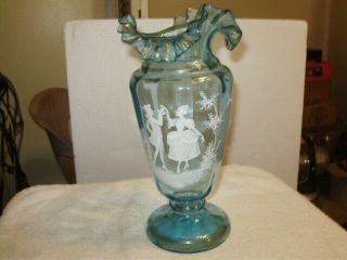 Vintage Mary Gregory Large Blown Glass Light Blue Vase,  10 3/4 "