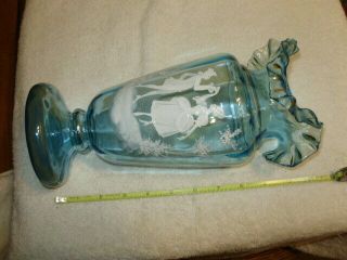 Vintage Mary Gregory Large Blown Glass Light Blue Vase,  10 3/4 