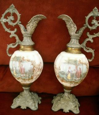 Vintage Matching Pair Victorian Hand Painted Ewer Pitchers 15 "