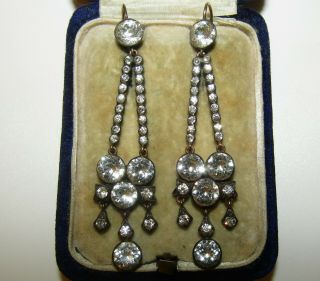 Brilliant,  Long,  Antique Georgian 9 Ct Gold Earrings With Rock Crystal Gems