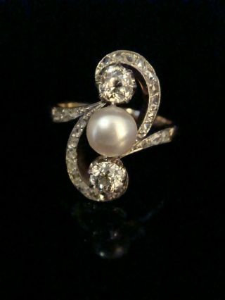Edwardian French 18ct Yellow Gold Platinum Old Cut Diamond & Cultured Pearl Ring