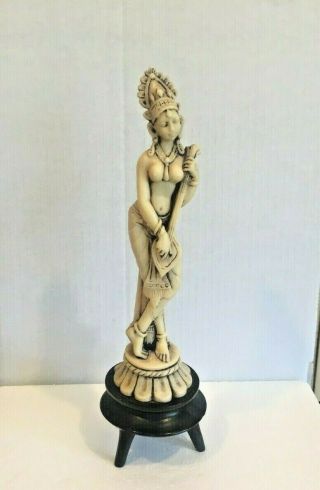 Indian Hindu Deity Goddess Statue With Sitar 10 " On Wooden Stand Vintage Antique