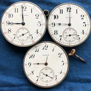 Three 12s Pocket Watch Movements - Elgin,  Waltham,  Parts Repair