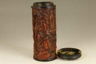 Chinese Old Boxwood Hand Carved Sage Inlay Yak Horn Tea Box Netsuke