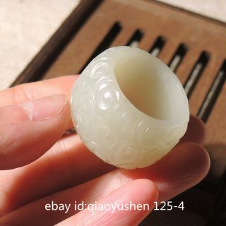 20mm Chinese Hetian White Jade Handcarved Ancient Ruyi Pattern Men`s Finger Ring