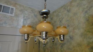Vintage Art Deco 5 Arm Hanging Ceiling Chandelier Light W/custard Glass Shade 5