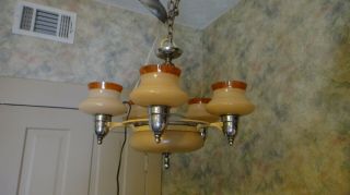 Vintage Art Deco 5 Arm Hanging Ceiling Chandelier Light W/custard Glass Shade 4