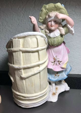 Carl Schneider Dep German Bisque Porcelain Figural Spill Vase - Girl & Barrel