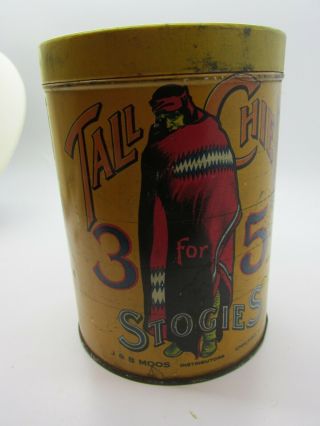 VERY RARE Antique TALL CHIEF STOGIES Tobacco CIGAR Tin Can Ohio J&B Moos HTF 8