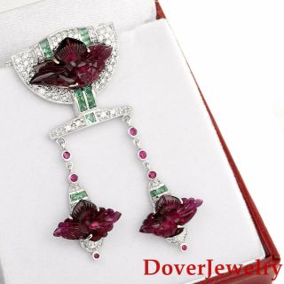 Diamond 12.  72ct Ruby Emerald Carved Tourmaline 18k Gold Floral Pin 12.  6 Grams Nr