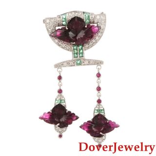 Diamond 12.  72ct Ruby Emerald Carved Tourmaline 18K Gold Floral Pin 12.  6 Grams NR 2