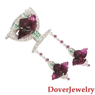 Diamond 12.  72ct Ruby Emerald Carved Tourmaline 18K Gold Floral Pin 12.  6 Grams NR 3