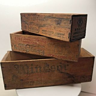 Vintage 3 Wood Cheese Boxes Advertising Memorabilia Kingsbury Windsor Kraft