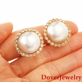 Estate Diamond Mabe Pearl 14k Gold Clip Back Earrings 14.  0 Grams Nr