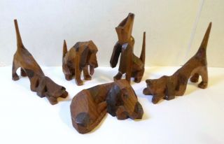 5 Vintage Hound Dogs Figurines Howling Playing Sleeping Handcarved Wood Folk Art