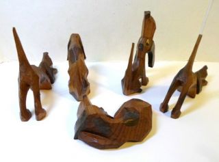 5 Vintage HOUND DOGS FIGURINES Howling Playing Sleeping HandCarved Wood Folk Art 7