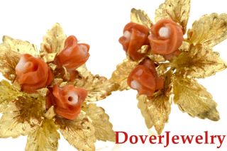 Designer Coral 18k Yellow Gold Rose Flower Earrings 13 Grams Nr