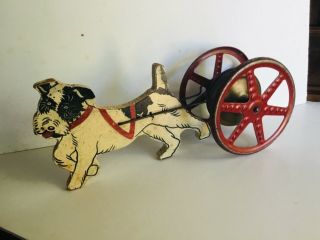 Vintage Black And White Wooden Dog Pulling Bell With Metal Wheels