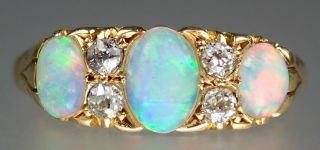 Antique Victorian 18k Gold Opal Diamond Scrolled Cluster Ring Sz 7 3/4
