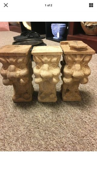 3 Antique Wooden Carved Griffin Lion Gargoyle Gothic Heads