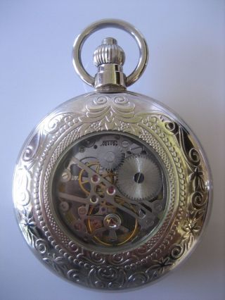 Charles Hubert Paris Silver Tone Skeleton Mechanical Pocket Watch