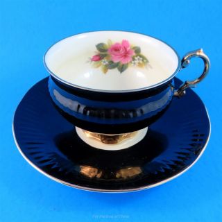 Black Exterior With A Pink Rose Elizabethan Tea Cup And Saucer Set