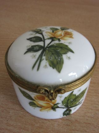 Vintage Porcelain Trinket Box W/ Yellow Roses Porcelaines Halga Paris France